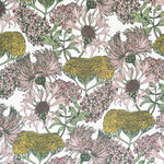 Detail of fabric in a dense floral print in shades of pink, green and yellow on a white field.