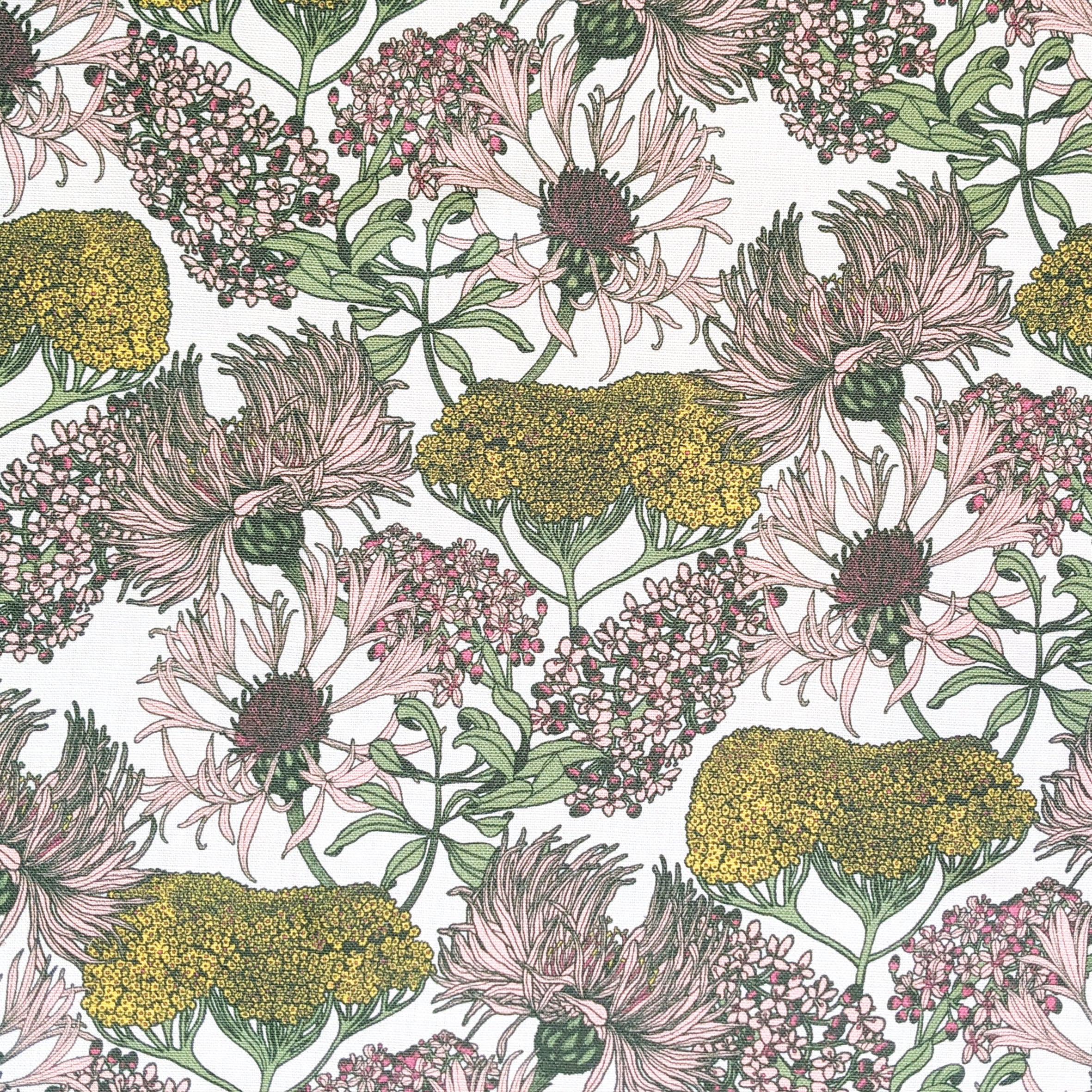 Detail of fabric in a dense floral print in shades of pink, green and yellow on a white field.