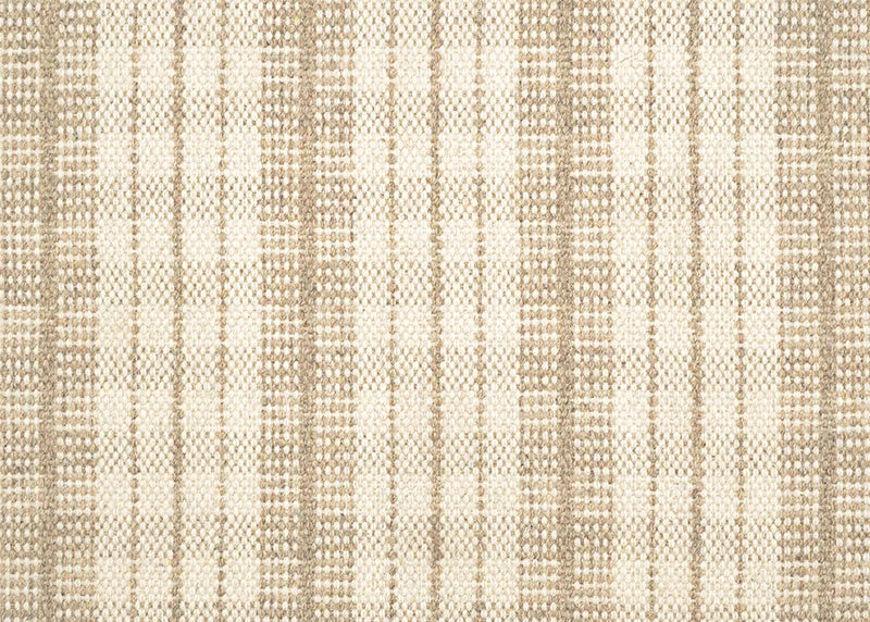Broadloom carpet in a mixed width stripe design in ivory on a tan field. 