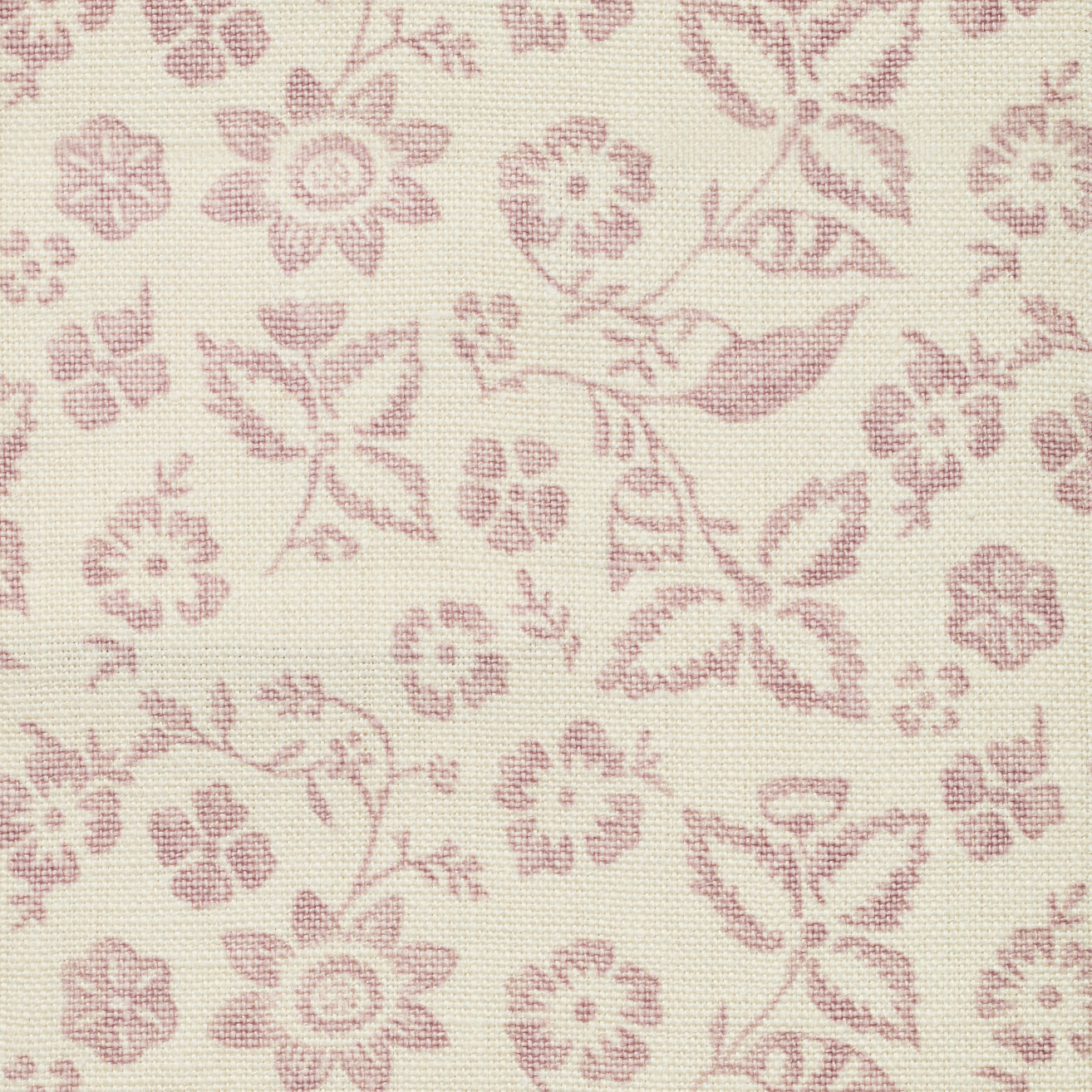 Detail of fabric in a floral print in shades of pink on a tan field.