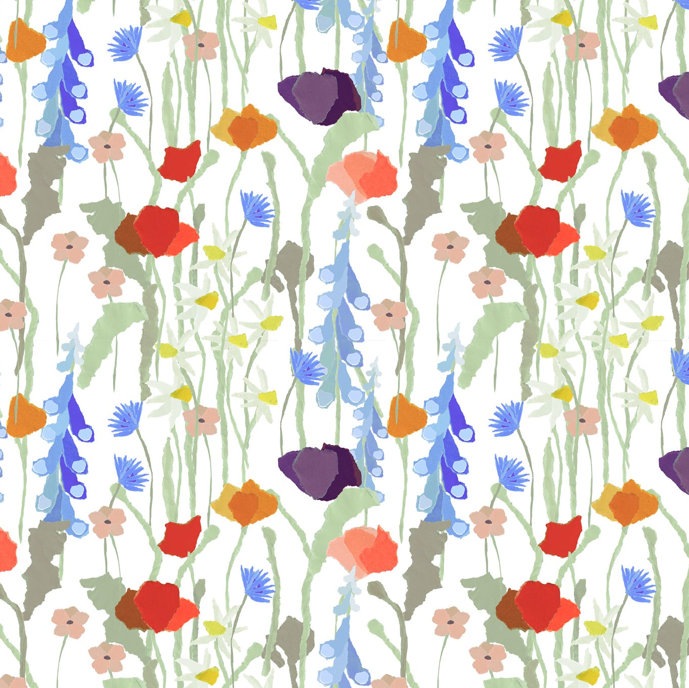 Detail of wallpaper in a painterly floral print in a rainbow of shades on a white field.