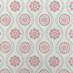 Detail of wallpaper in a playful floral stripe in pink on a light blue field.