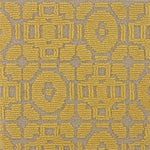 Handtufted rug sample with a raised loop geometric design in yellow on a taupe field. 