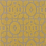 Handtufted rug sample with a raised loop geometric design in yellow on a taupe field. 