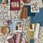 Moodboard image featuring various fabrics, and wallpapers in shades of mauve, blue, teal and rust red.