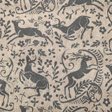 Detail of wallpaper in a deer, leaf and flower print in gray on a mottled tan field.