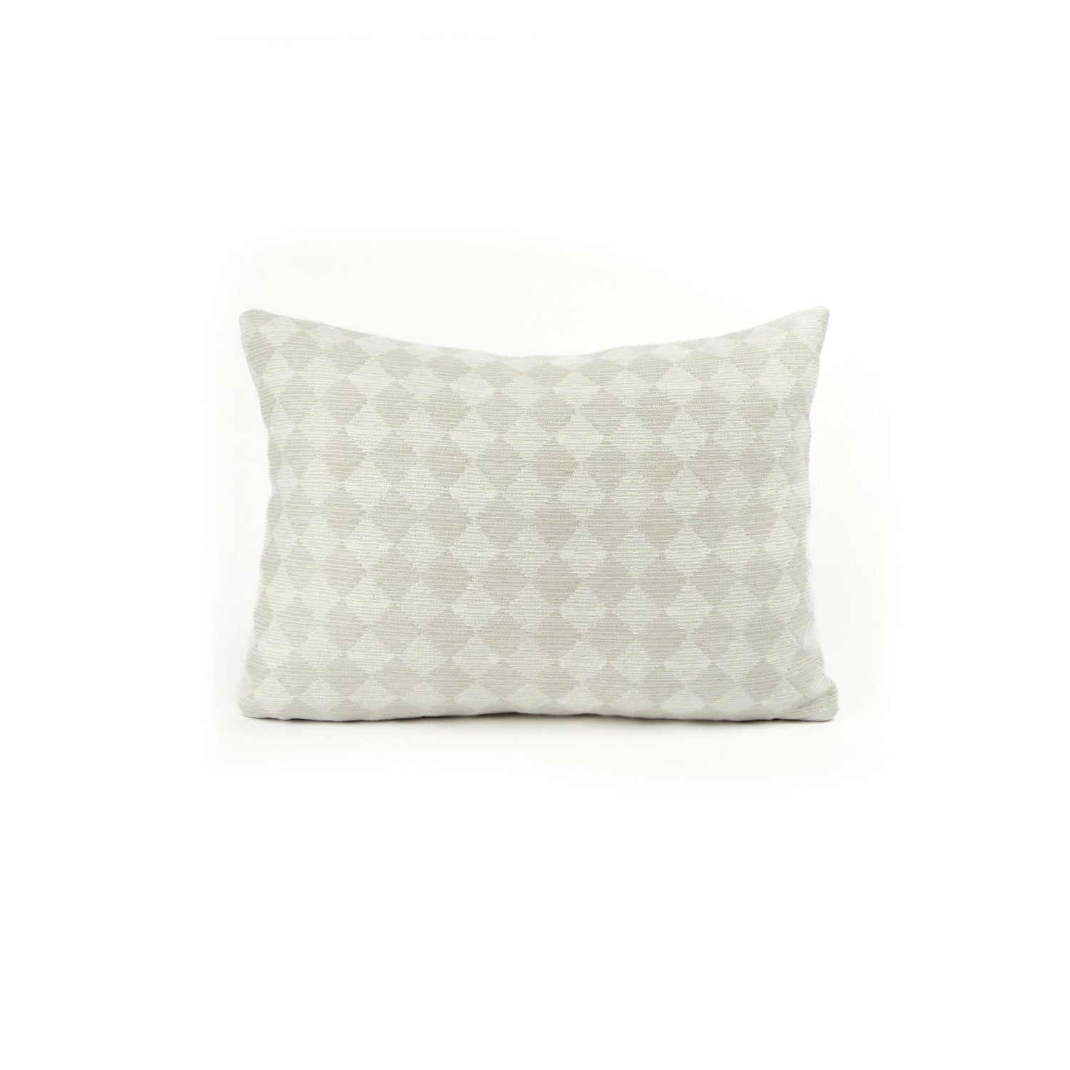 Back view of a rectangular throw pillow with a repeating cream and greige diamond field.