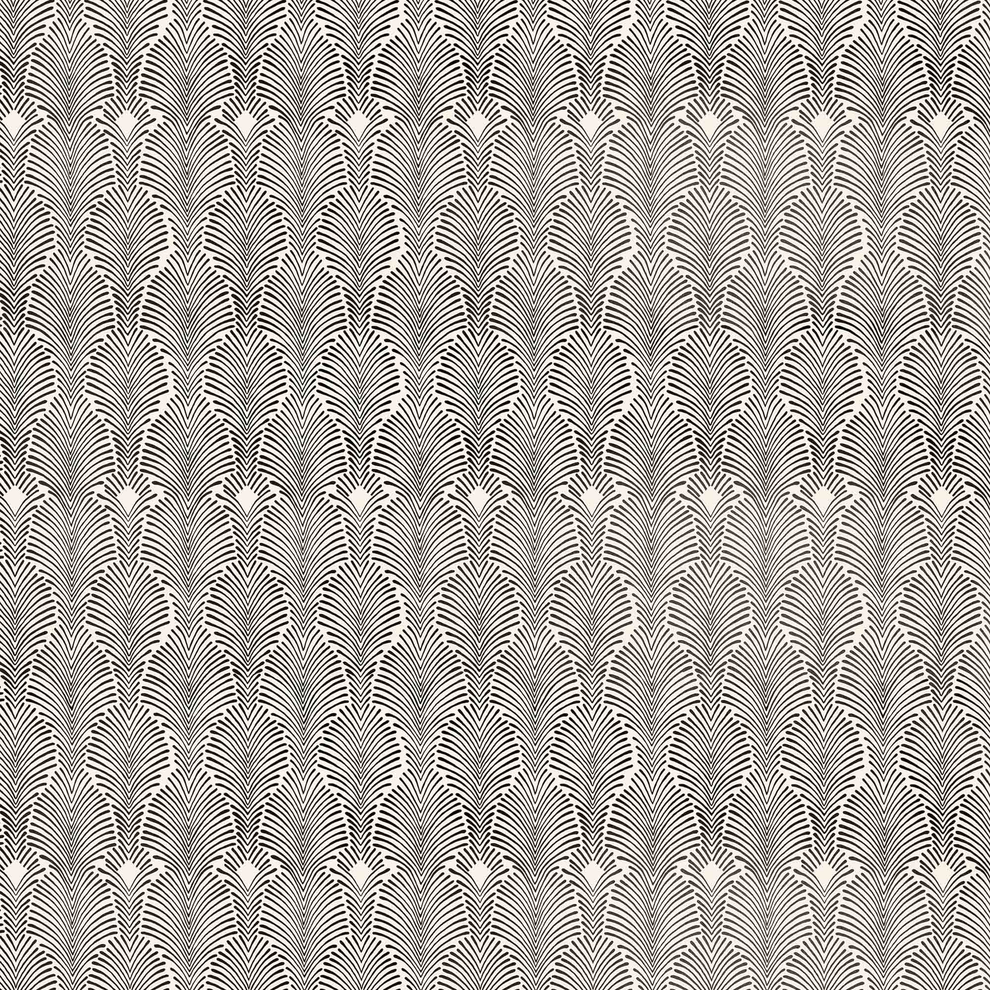 Detail of fabric in an art deco damask print in black on a white field.