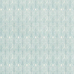 Detail of wallpaper in an art deco damask print in blue on a white field.