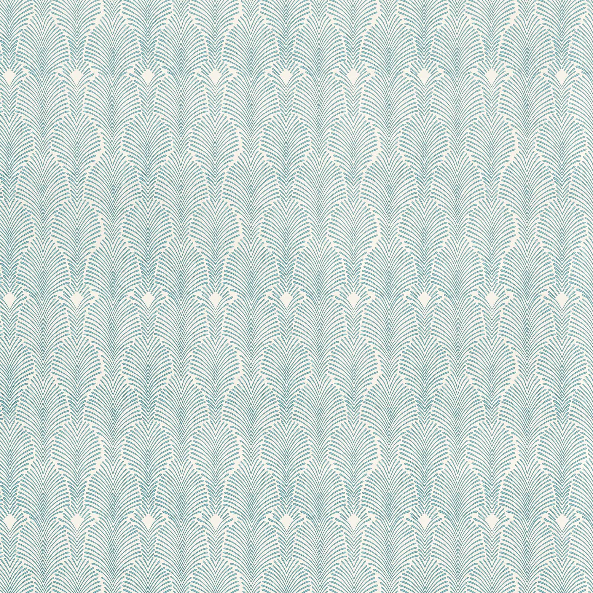 Detail of wallpaper in an art deco damask print in blue on a white field.