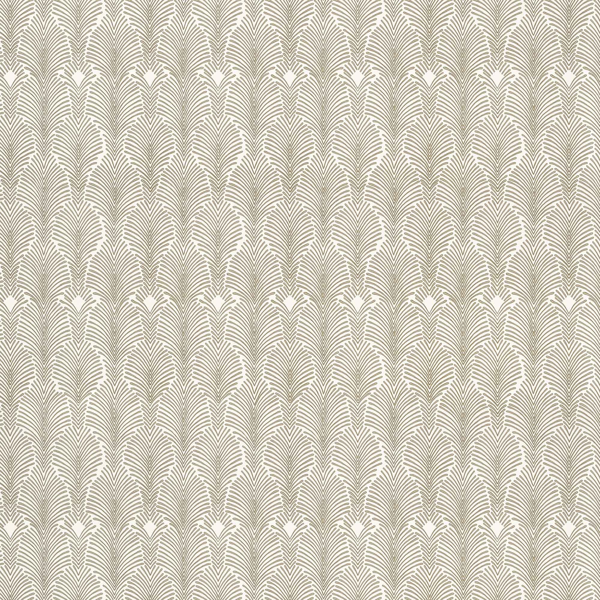 Detail of wallpaper in an art deco damask print in tan on a white field.