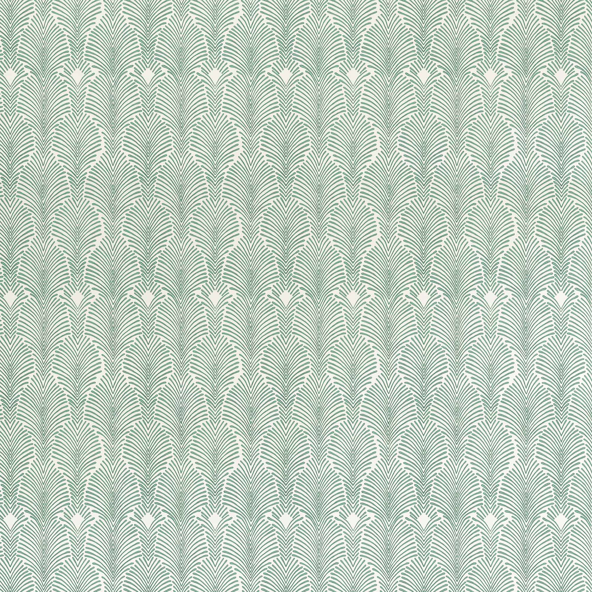 Detail of wallpaper in an art deco damask print in turquoise on a white field.