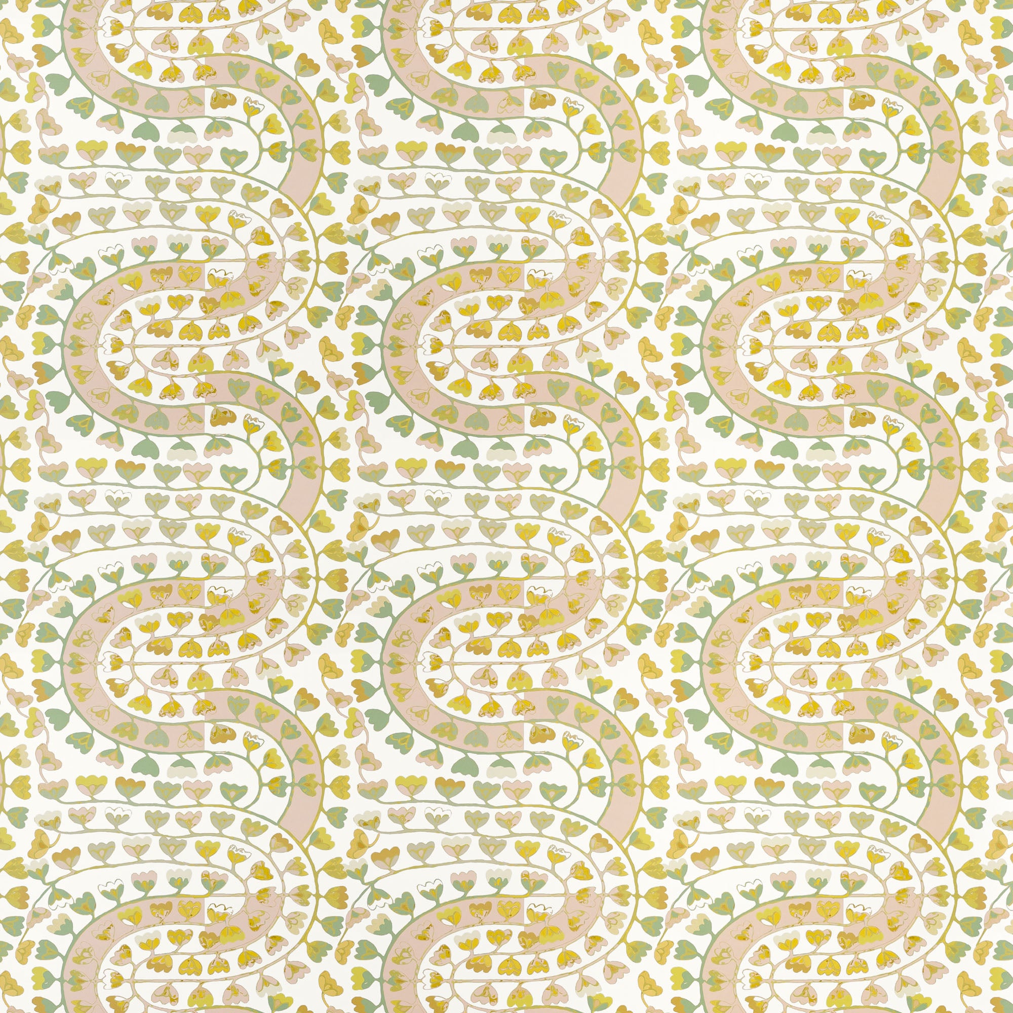 Detail of wallpaper in a meandering botanical stripe in shades of pink, yellow and green on a white field.