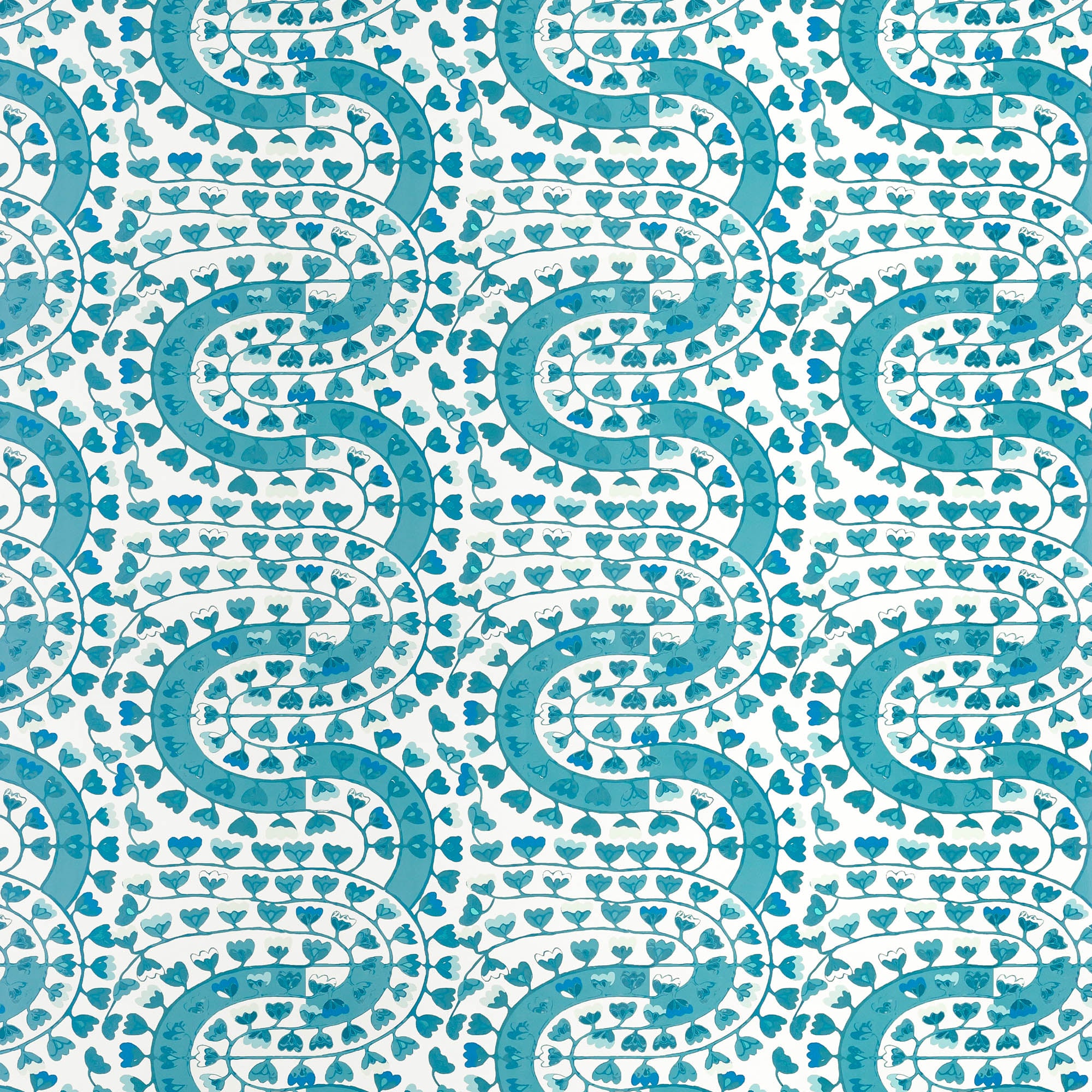 Detail of wallpaper in a meandering botanical stripe in shades of blue and turquoise on a white field.