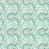 Detail of wallpaper in a meandering botanical stripe in shades of blue and green on a white field.