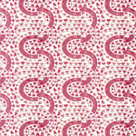 Detail of wallpaper in a meandering botanical stripe in shades of pink and red on a white field.