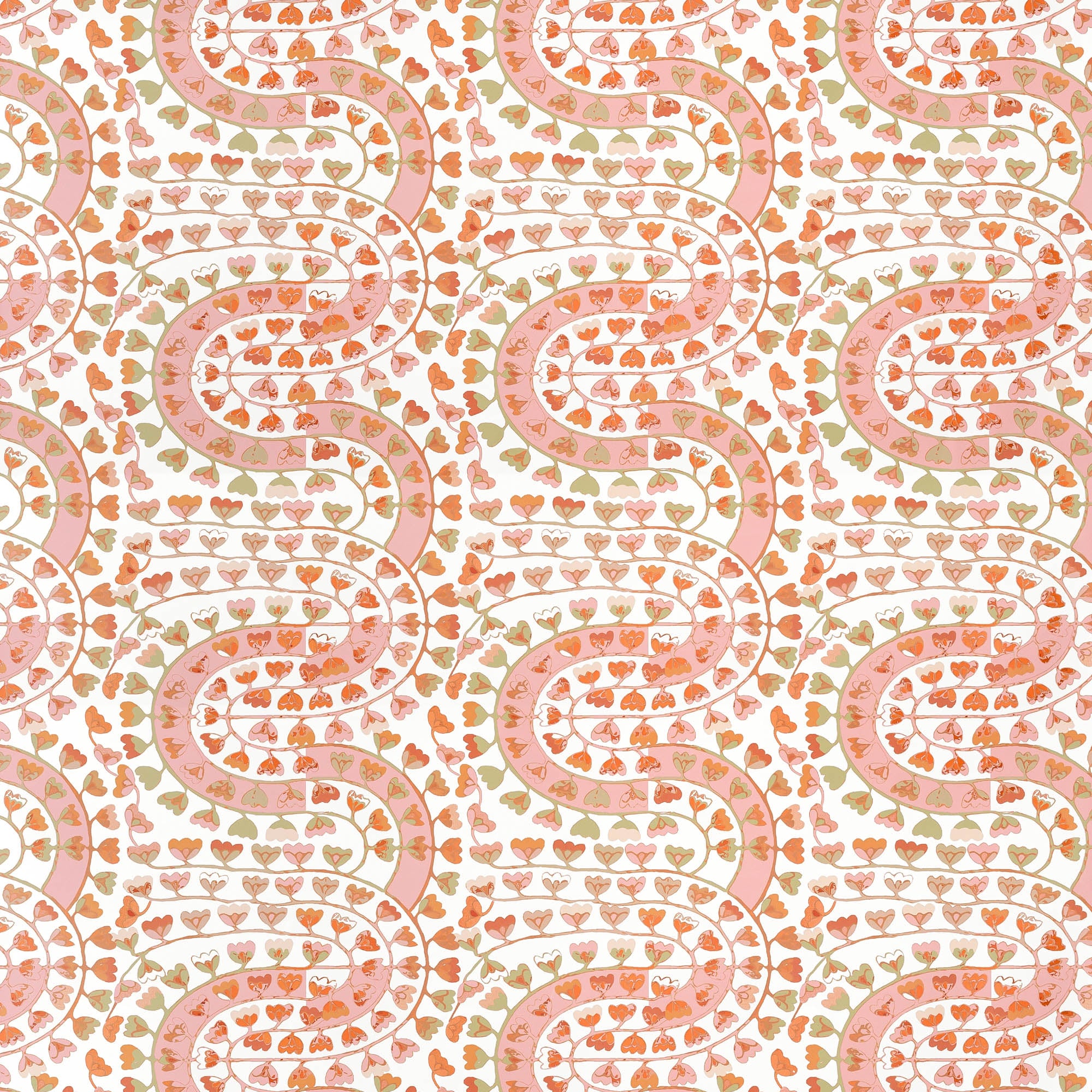 Detail of wallpaper in a meandering botanical stripe in shades of coral and green on a white field.