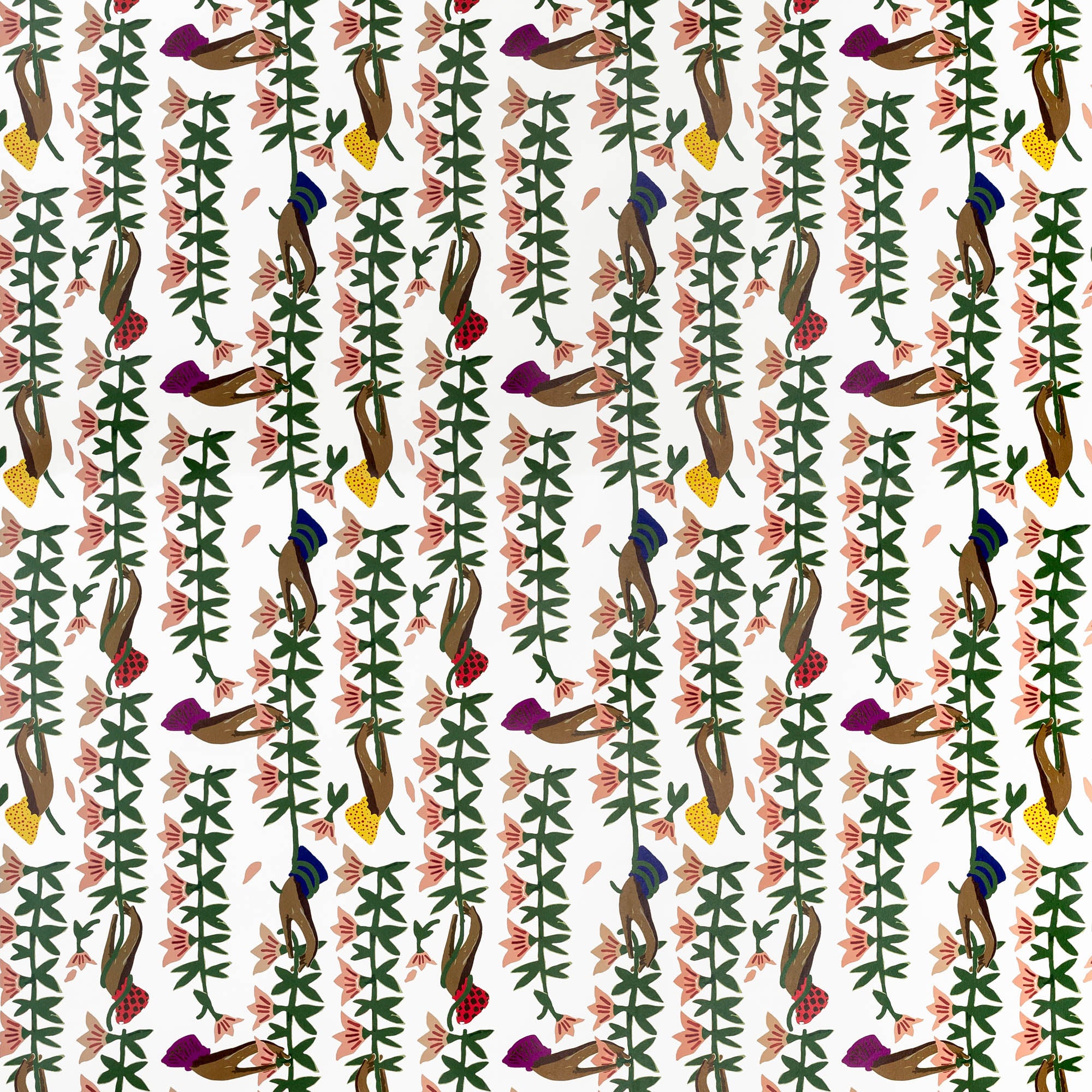Detail of wallpaper in a playful hand and flower print in green, pink and brown on a white field.