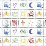 Detail of fabric in a playful symbolic grid print in a rainbow of shades on a white field.