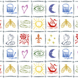 Detail of fabric in a playful symbolic grid print in a rainbow of shades on a white field.