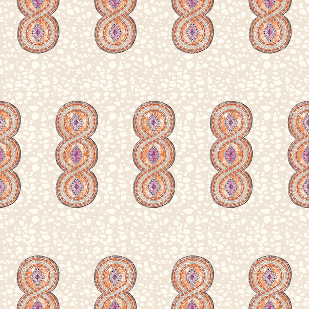 Detail of wallpaper in an intricate curvilinear print in shades of cream, orange and pink.