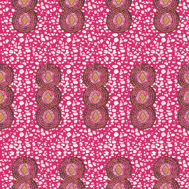 Detail of wallpaper in an intricate curvilinear print in shades of pink, red, orange and white.