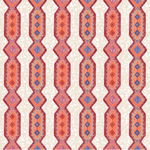 Detail of wallpaper in a geometric stripe pattern in shades of orange, blue, red and cream.