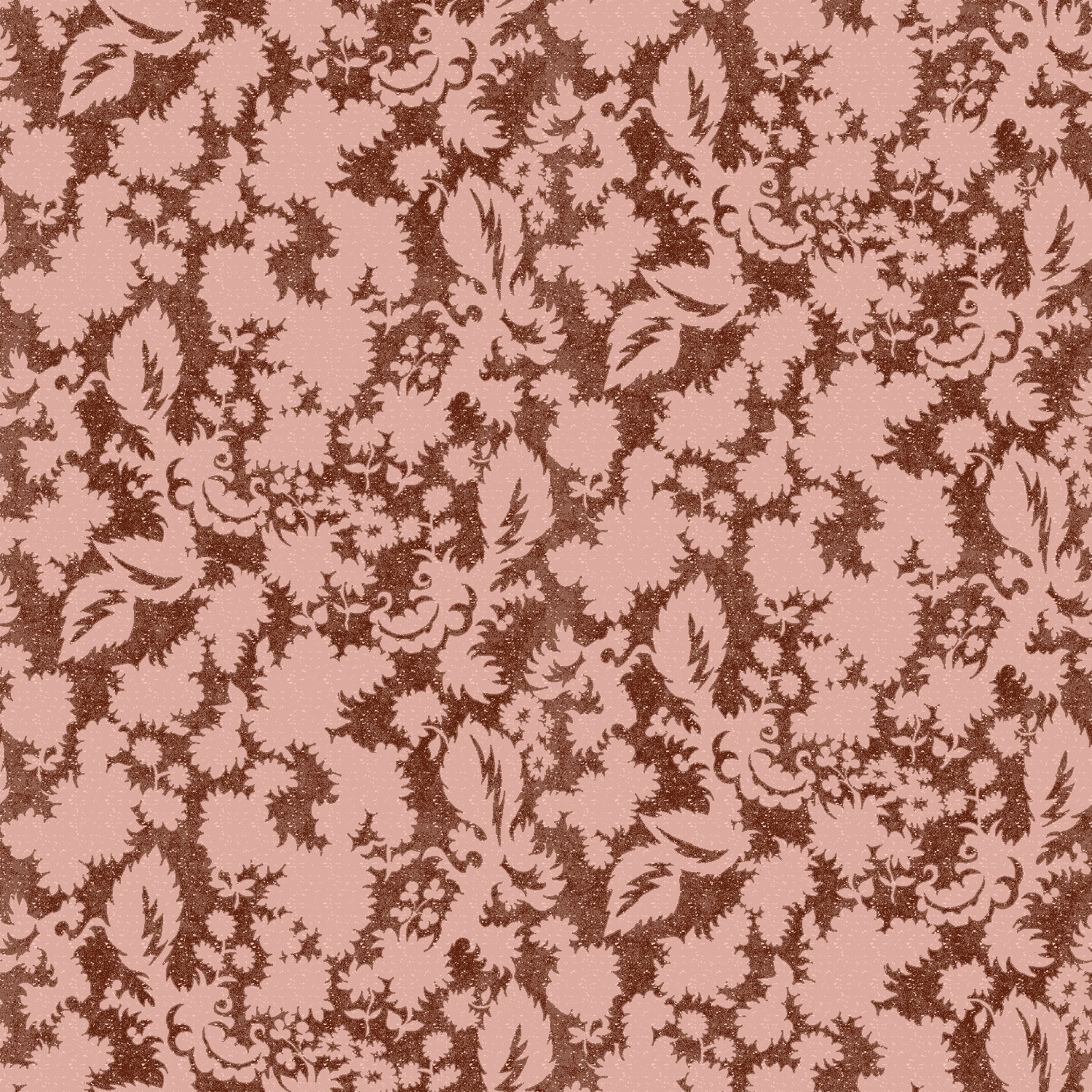 Floral patterned wallpaper in pink and brown. 