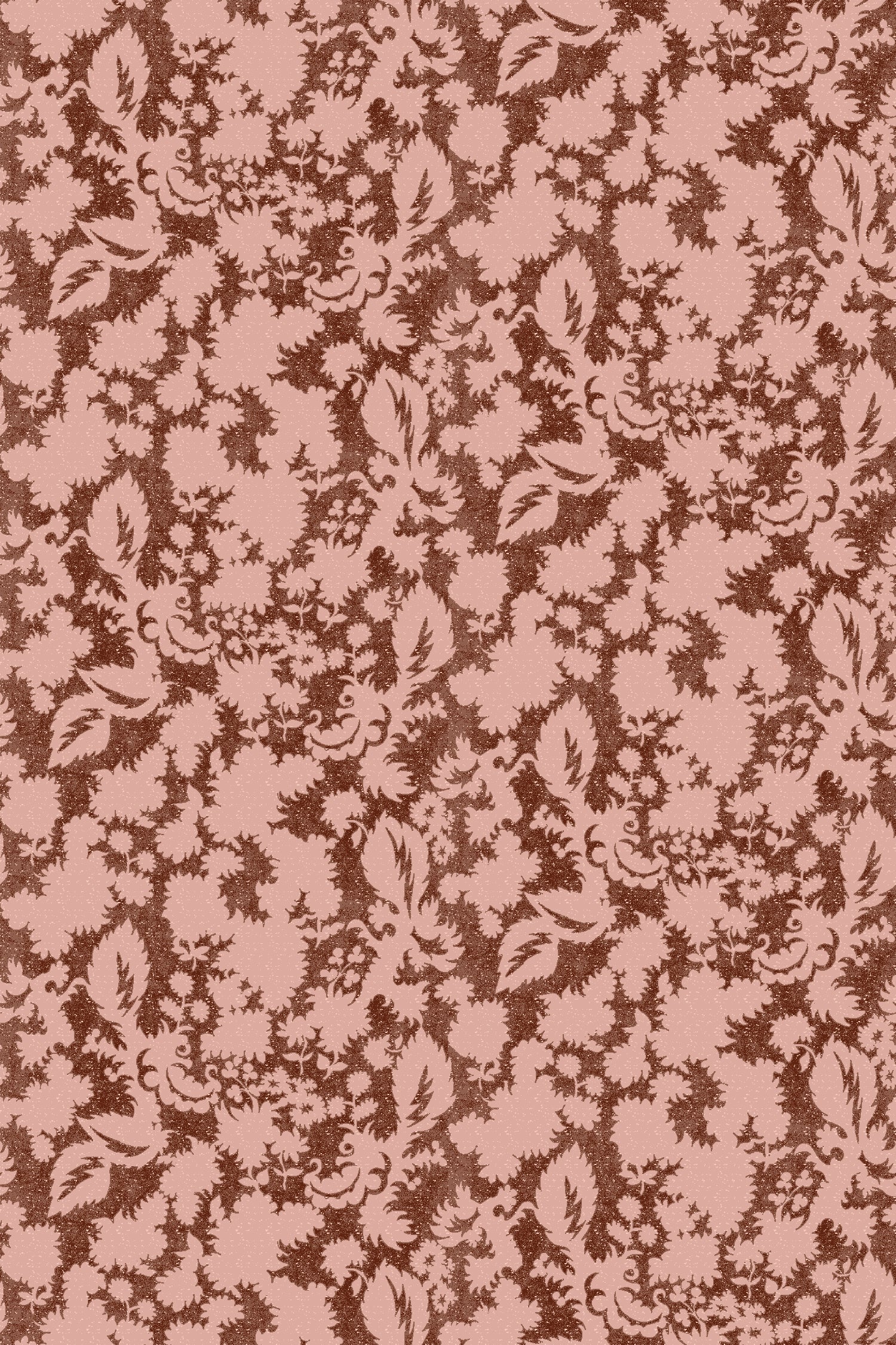 Floral patterned wallpaper in pink and brown. 