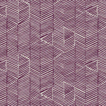 Detail of fabric in a dense herringbone print in purple on a tan field.