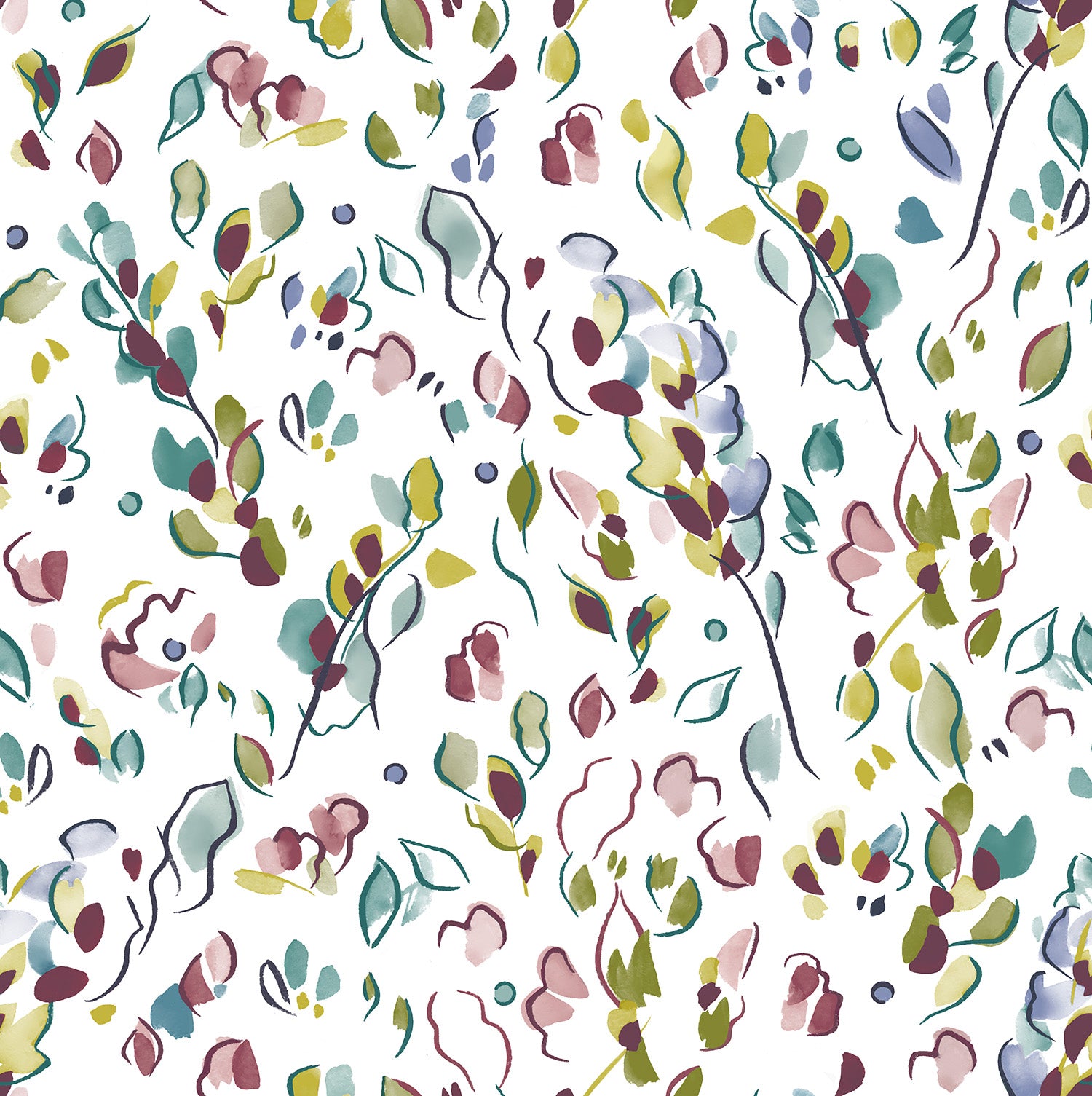 Detail of fabric in a painterly leaf print in shades of purple, blue and green on a white field.