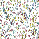 Detail of fabric in a painterly leaf print in shades of purple, blue and green on a white field.