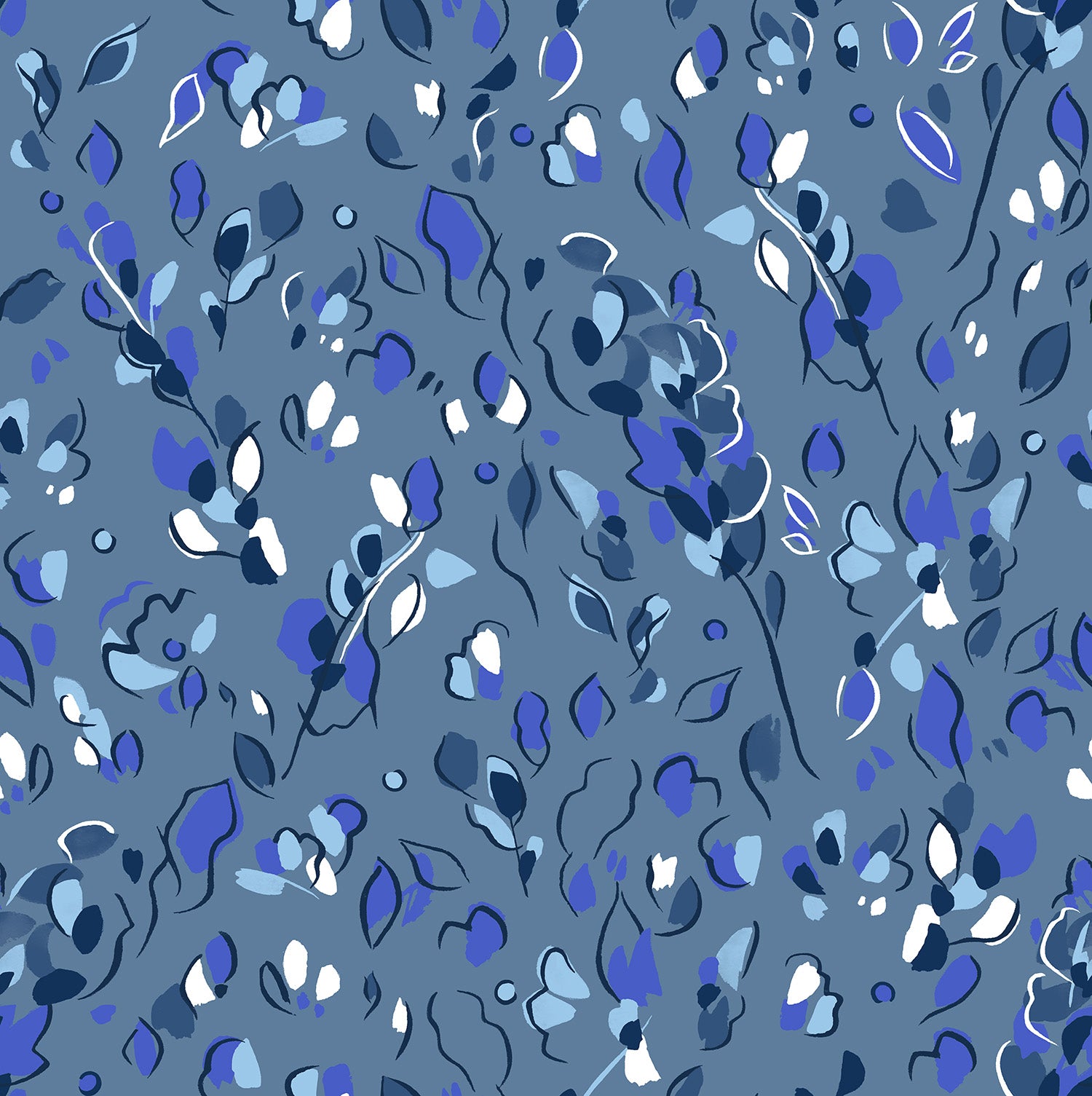 Detail of fabric in a painterly leaf print in shades of white, blue and navy on a blue field.