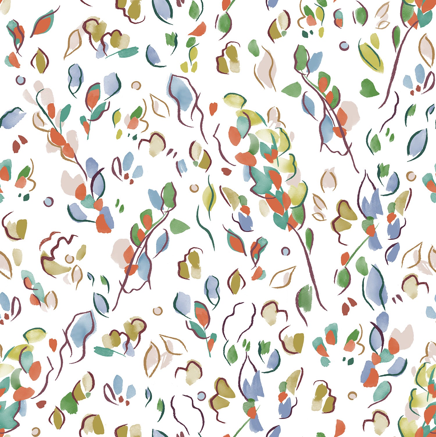 Detail of fabric in a painterly leaf print in a rainbow of shades on a white field.