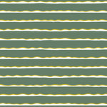 Detail of wallpaper in an undulating stripe pattern in mustard, white and sage.