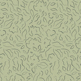 Detail of wallpaper in a minimalist floral print in sage on a green field.