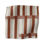 Fabric swatch in a broken stripe design in red, ecru, clay pink and cream. 