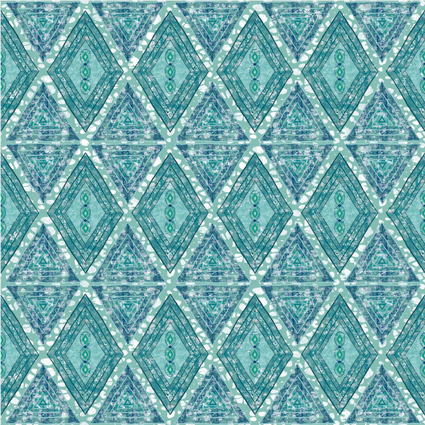Detail of wallpaper in an intricate diamond grid pattern in shades of blue and turquoise.