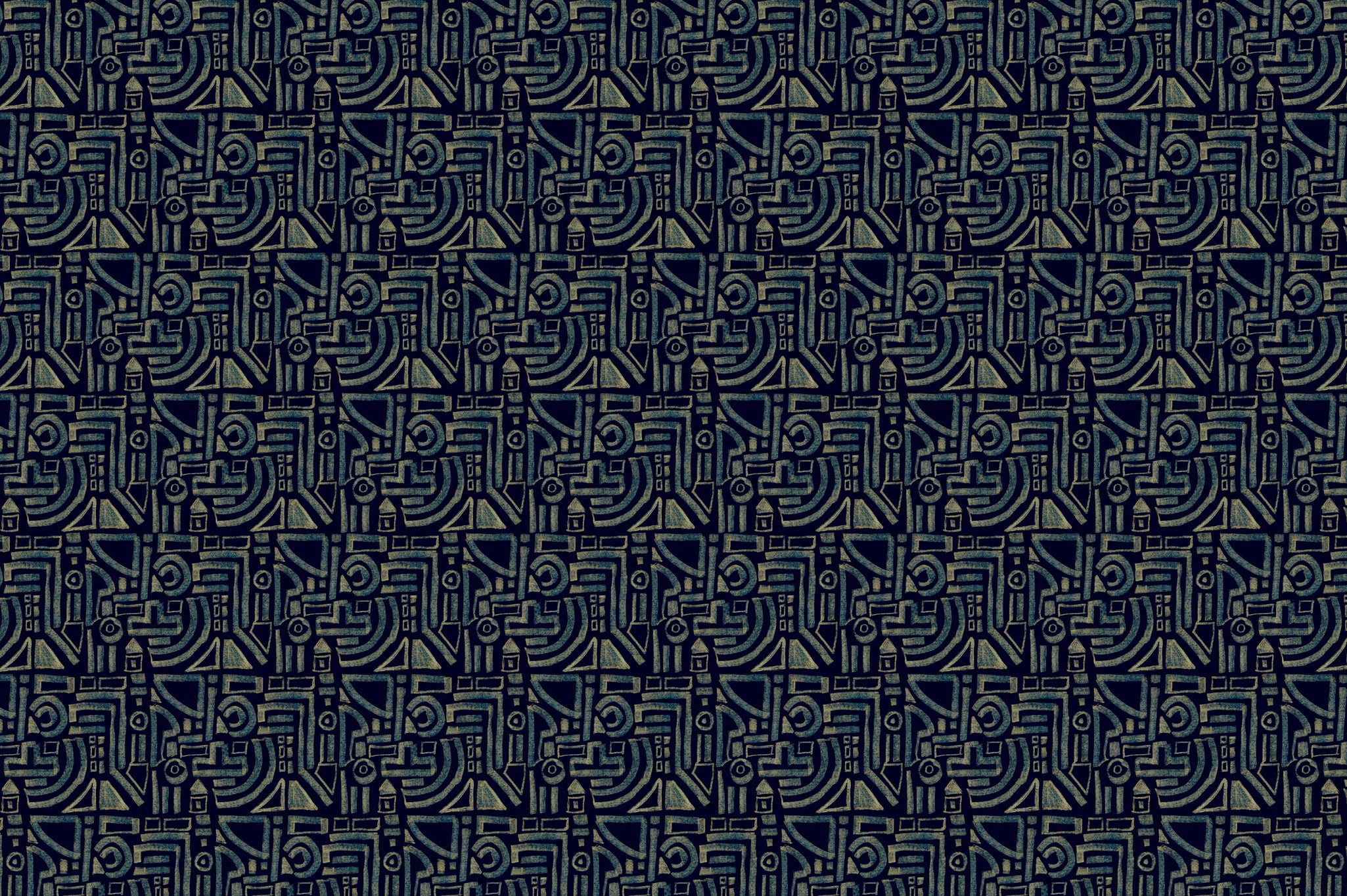 Detail of fabric in a dense geometric grid print in blue and cream on a black field.
