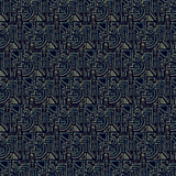 Detail of fabric in a dense geometric grid print in blue and cream on a black field.