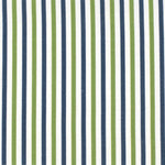 Detail of fabric in a small-scale stripe print in green and navy on a white field.