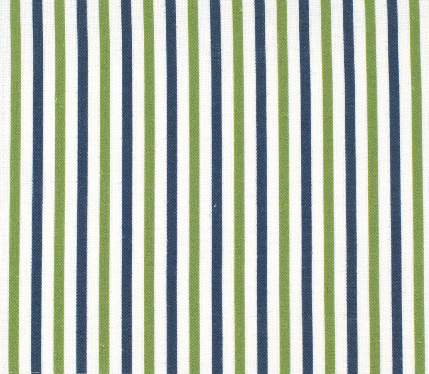 Detail of fabric in a small-scale stripe print in green and navy on a white field.
