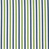 Detail of fabric in a small-scale stripe print in green and navy on a white field.