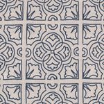 Detail of fabric in a damask lattice print in navy on a cream field.