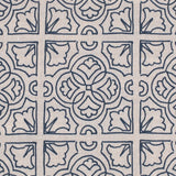 Detail of fabric in a damask lattice print in navy on a cream field.