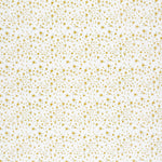 Detail of fabric in a small-scale floral pattern in yellow, orange and gray on a cream field.