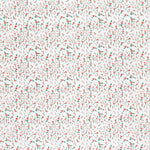 Detail of fabric in a small-scale floral pattern in pink, red and green on a cream field.
