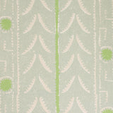 Patterned wallpaper with cream and green stripe design on a light blue background