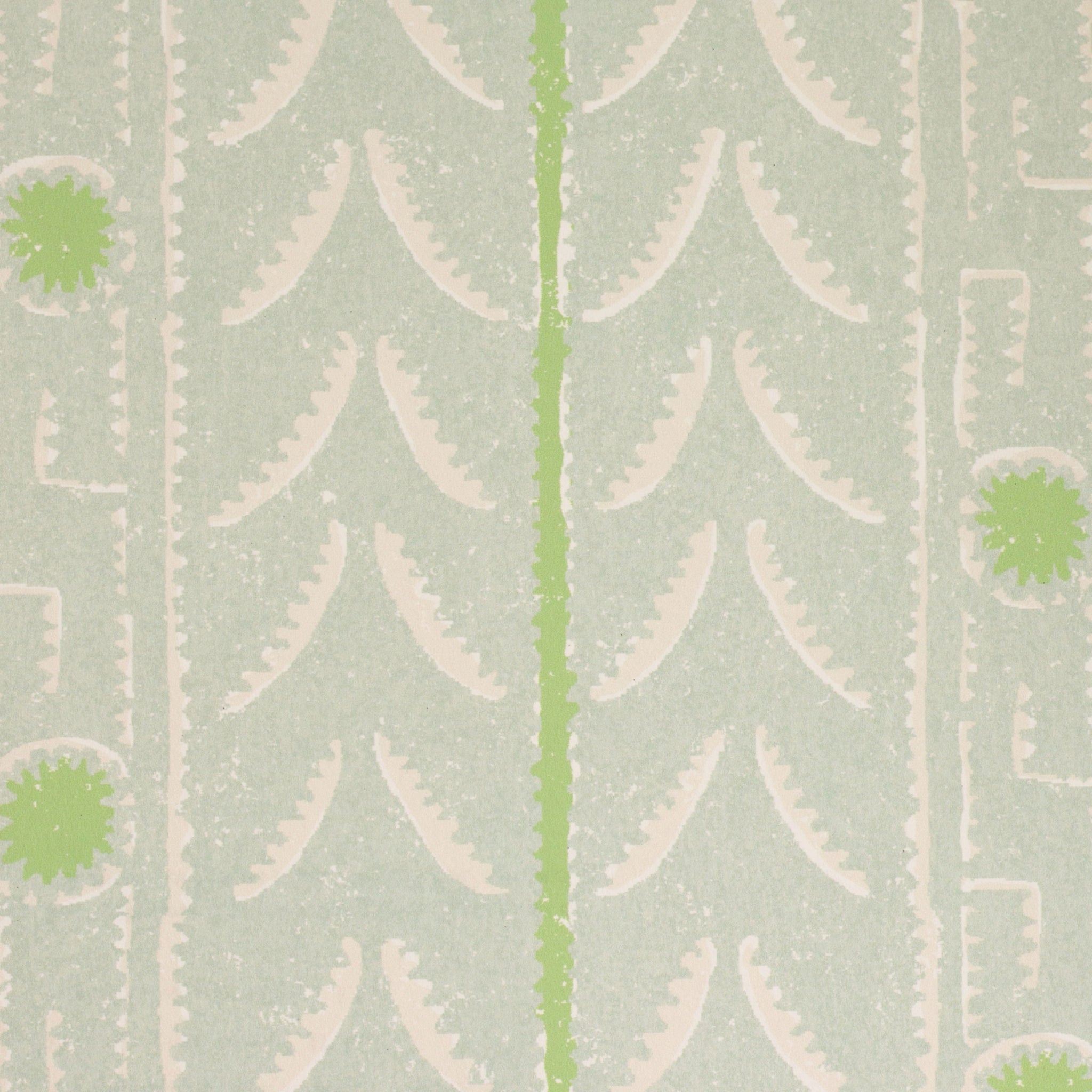 Patterned wallpaper with cream and green stripe design on a light blue background