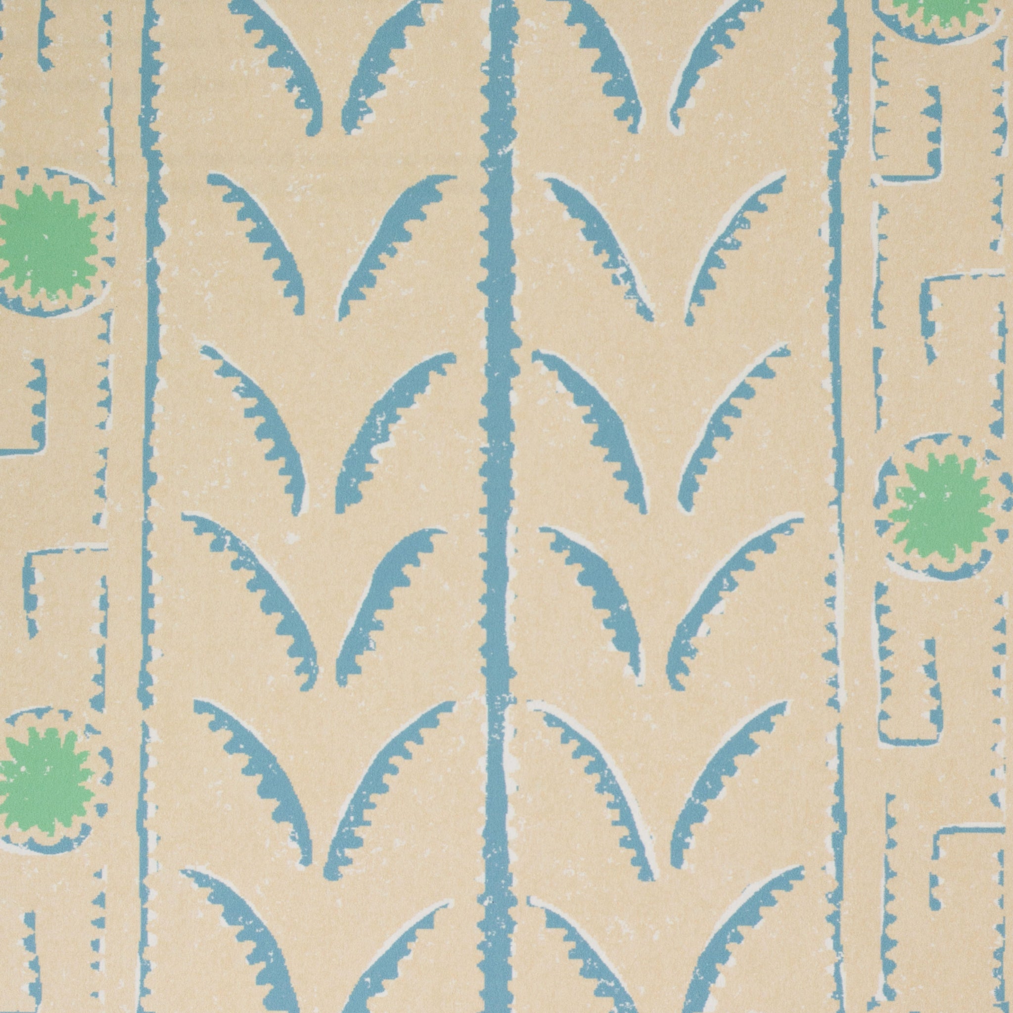 Patterned wallpaper with blue and green stripe design on a beige background